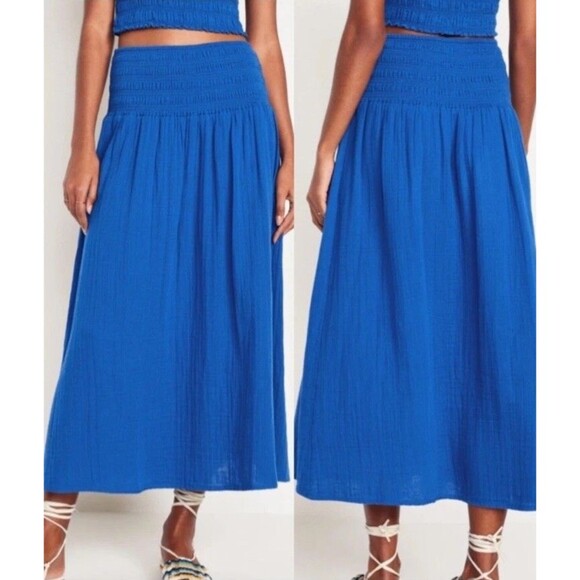 Old Navy Gauze Maxi Skirt XXL Royal Blue Womens High Elastic Waist Crinkle Flow - Picture 1 of 7